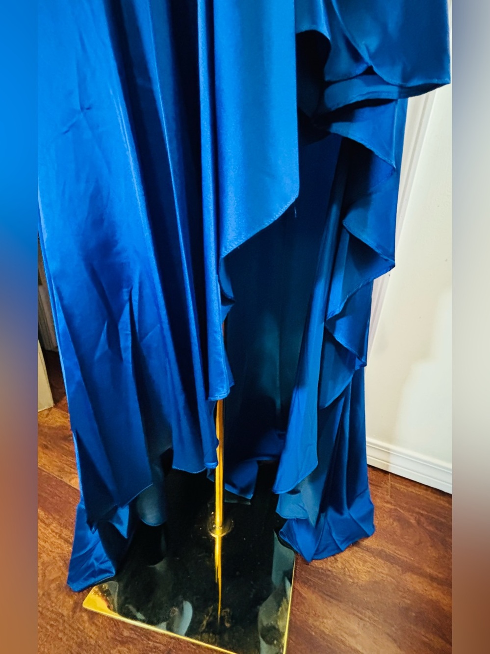 Mac Duggal One-Shoulder Cobalt Blue High-Low Satin Gown - Picture 6 of 10